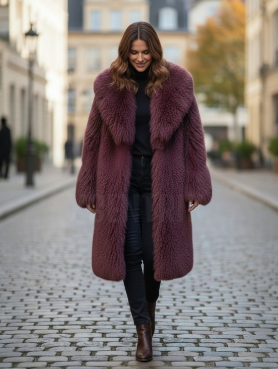 Jackets & Blazers - Genuine Mongolian Lamb Fur Coat - Luxurious Fur (Burgandy/Wine)